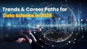 Data Science Trends 2025 – A futuristic data analytics dashboard showing AI, ML, and big data trends.